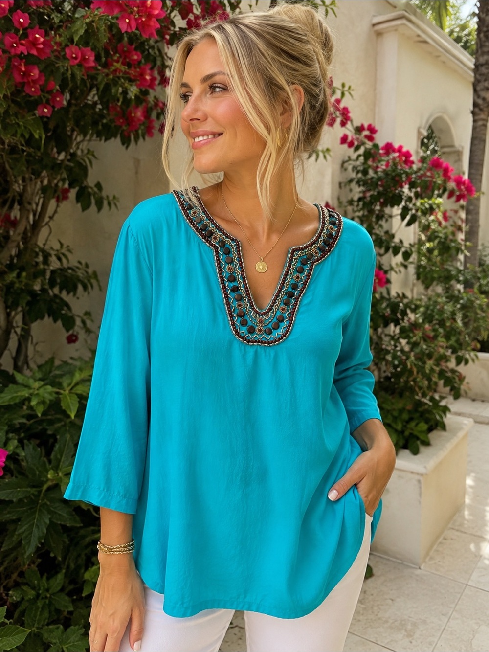 Chico’s Turquoise Beaded V Neck Tunic Top Embellished Boho Art To Wear XL 3